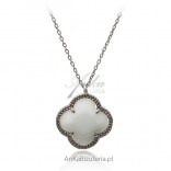 Silver rhodium plated necklace "White Clover" with white quartz