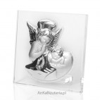 Srebrny obrazek Aniołek pochyljący się nad dzieciątkiem na szkle.