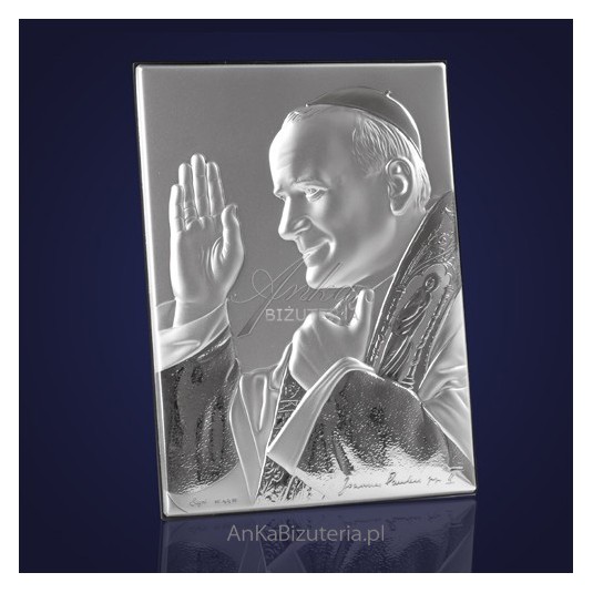 Błogosławiony Nasz  Papież Jan Paweł II - błogosławiący. Srebrny obrazek 8*11 GRAWER