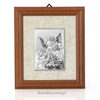 Gustowny, subtelny obrazek srebrny w ramce drewnianej - Aniołek z latarnią pochylający się nad Dzieckiem-GRAWER