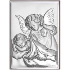 Aniołek z latarenką, świecący nad śpiącym Dzieciątkiem - obrazek srebrny. Prezent dla Dziecka. GRAWER