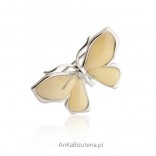 Silver brooch white amber Butterfly