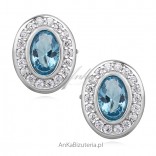 Silver earrings with white rhinestones and aquamarine