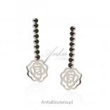 Silver earrings with black rhinestones - roses