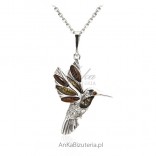 Silver pendant with amber - Bird Hummingbird