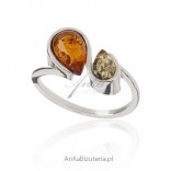 Silver ring with colored natural amber