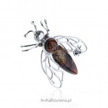 Silver bee brooch with amber