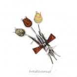 Silver brooch with amber Tulips