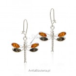 Silver earrings. Dragonflies with amber