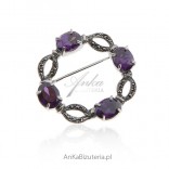 Silver brooch with marcasites and amethyst