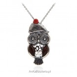 Silver owl pendant with amber and coral