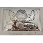 Obrazek srebrny Aniołek nad dzieckiem 17,5 cm* 11,5 cm na białym drewnie