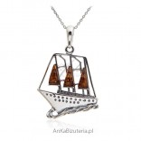 Silver pendant with amber. Sailboat