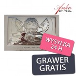Picture of a silver angel over a child of 13.5 cm * 9 cm on white wood