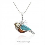 Silver pendant with amber and turquoise - titmouse