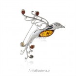 Silver brooch with amber - Paradise Bird