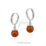 Silver earrings with amber - hanging balls