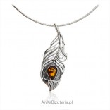 Pendant with amber from silver feather