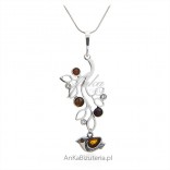 Silver pendant with amber and Swarovski crystals - Dove on a twig