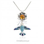 Silver pendant with amber and blue turquoise - Swallow on a sunflower