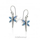 Silver earrings with blue opal - dragonflies