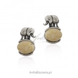 Silver earrings, elephants with white and yellow amber