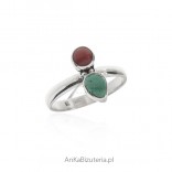 Silver ring with green turquoise and red coral