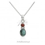 Silver pendant with red coral and green turquoise