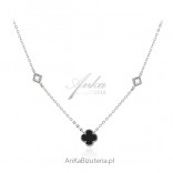 Silver necklace with clover, black onyx and two with cubic zirconia