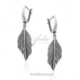 Silver earrings oxidized feathers
