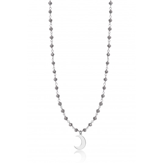 Naszyjnik srebrny z kryształkami w kolorze szarym z księżycem