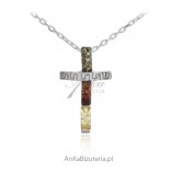 Silver cross with colored amber - Baltic amber
