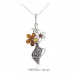 Silver pendant with amber - a vase with colorful flowers