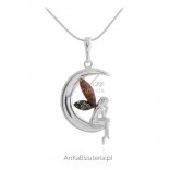 Silver pendant ELF with colorful amber wings