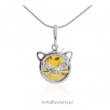 Silver pendant - SMALL CAT - pendant with amber