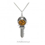 Silver pendant KEY with amber