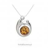 Silver necklace with amber MOM WITH CHILD