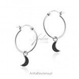 Silver earrings with hanging moon with black cubic zirconia