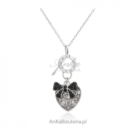 Biżuteria srebrna - stylowe serduszko z czarną  kokardką - naszyjnik srebrny