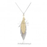 Silver necklace PEN - two silver and gold feathers