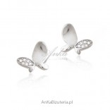 Silver earrings with zircons - BUTTERFLIES - rhodium plated