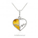Silver HEART with amber with a heartbeat line