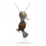 Silver duck pendant with amber