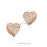 Silver earrings with pink gold and cubic zirconia - hearts
