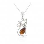Silver cat pendant with amber
