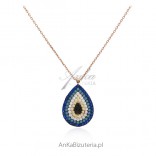 Gold-plated silver necklace with white and navy blue cubic zirconia and turquoise
