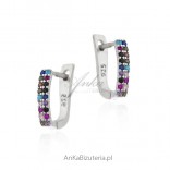 Silver earrings with colorful zircons and turquoise on the English fastener