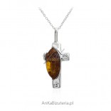 Silver cross with amber - natural amber in cognac color