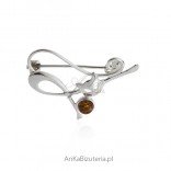 Silver brooch with amber FUNNY CAT