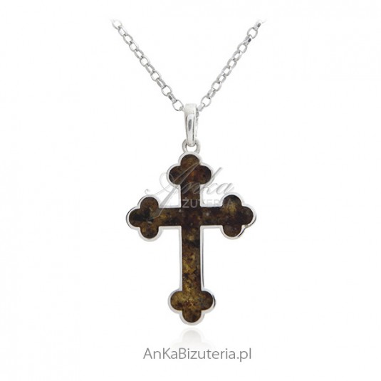 Krzyżyk srebrny z bursztynem w pięknej formie